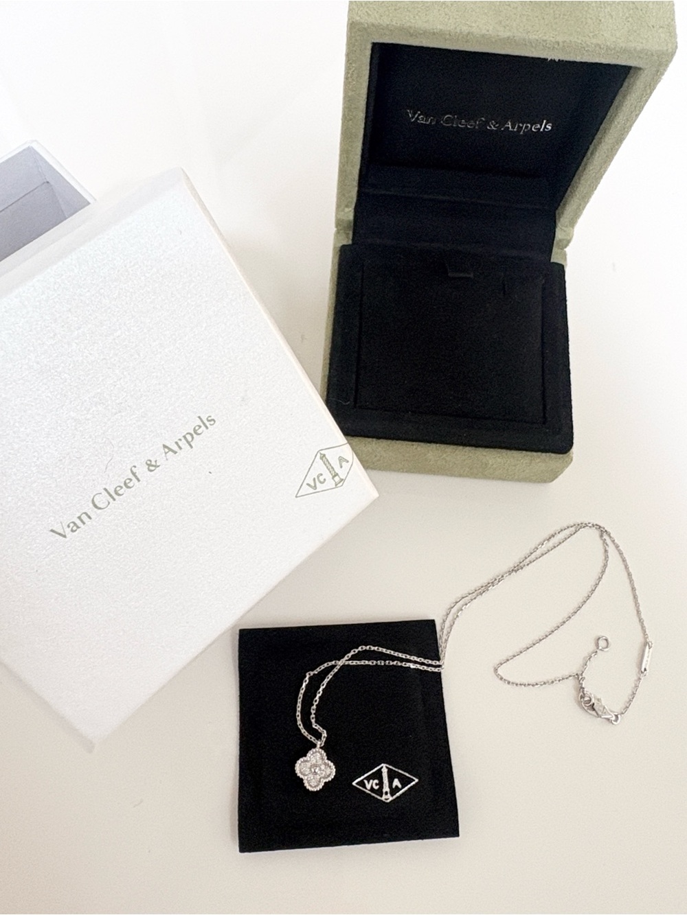 Van Cleef & Arpels 18K White Gold Diamond Sweet Alhambra Pendant Necklace